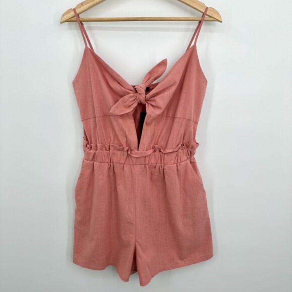 Sleeveless Romper Juniors Size M Tie Front Coquette Pockets Cotton Spring‎ Pink